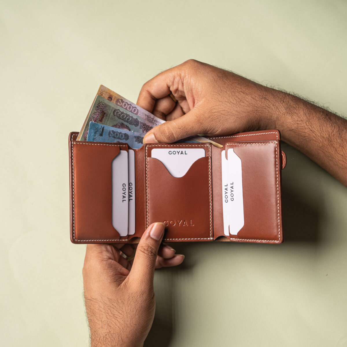 Goyal Leather Imperium Fold – Premium Trifold Wallet with Strap Lock Brown - Image 3