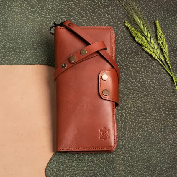 Timberwolf Rider – Bifold Vertical Long Wallet With Zip Camel