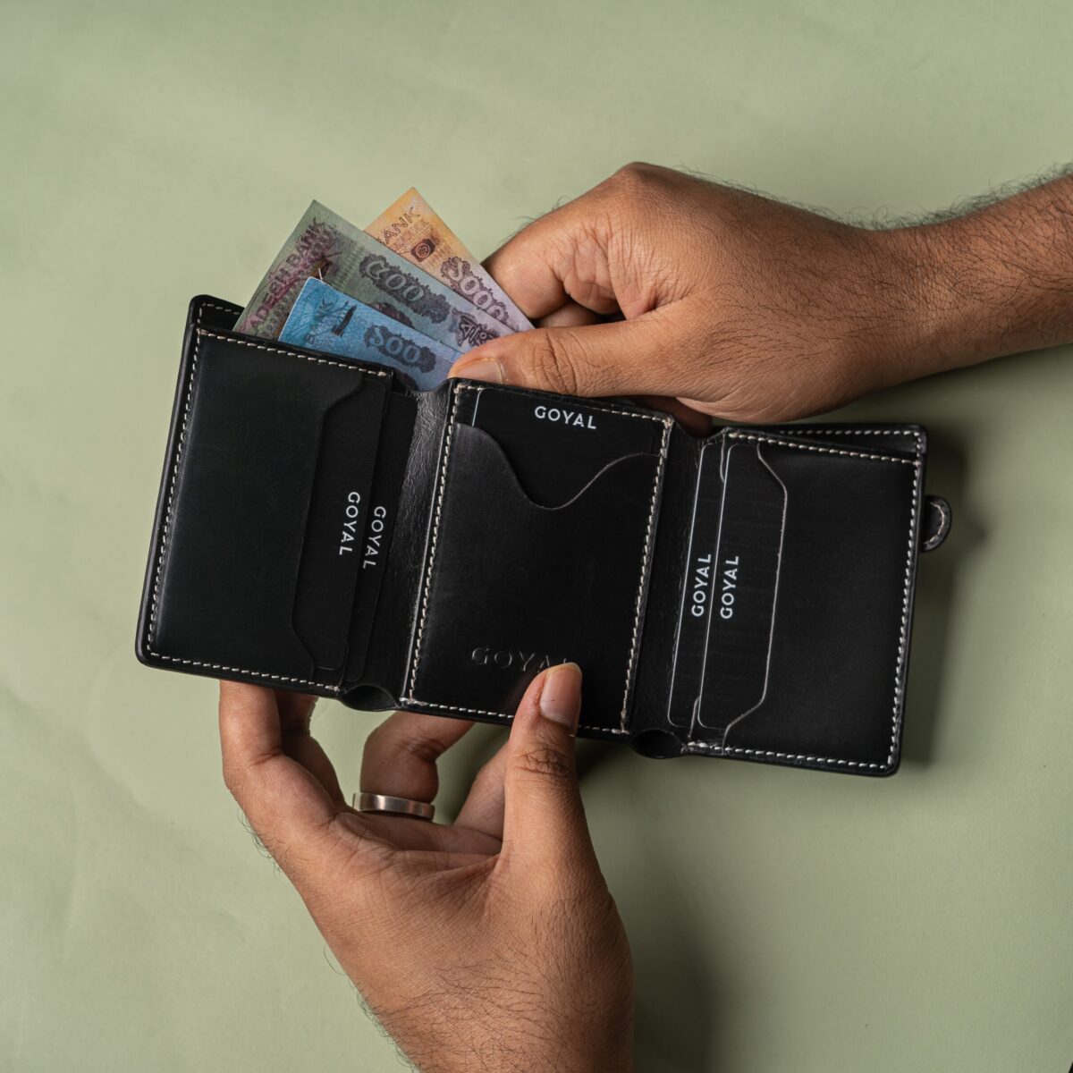 Goyal Leather Imperium Fold – Premium Trifold Wallet with Strap Lock Black - Image 3