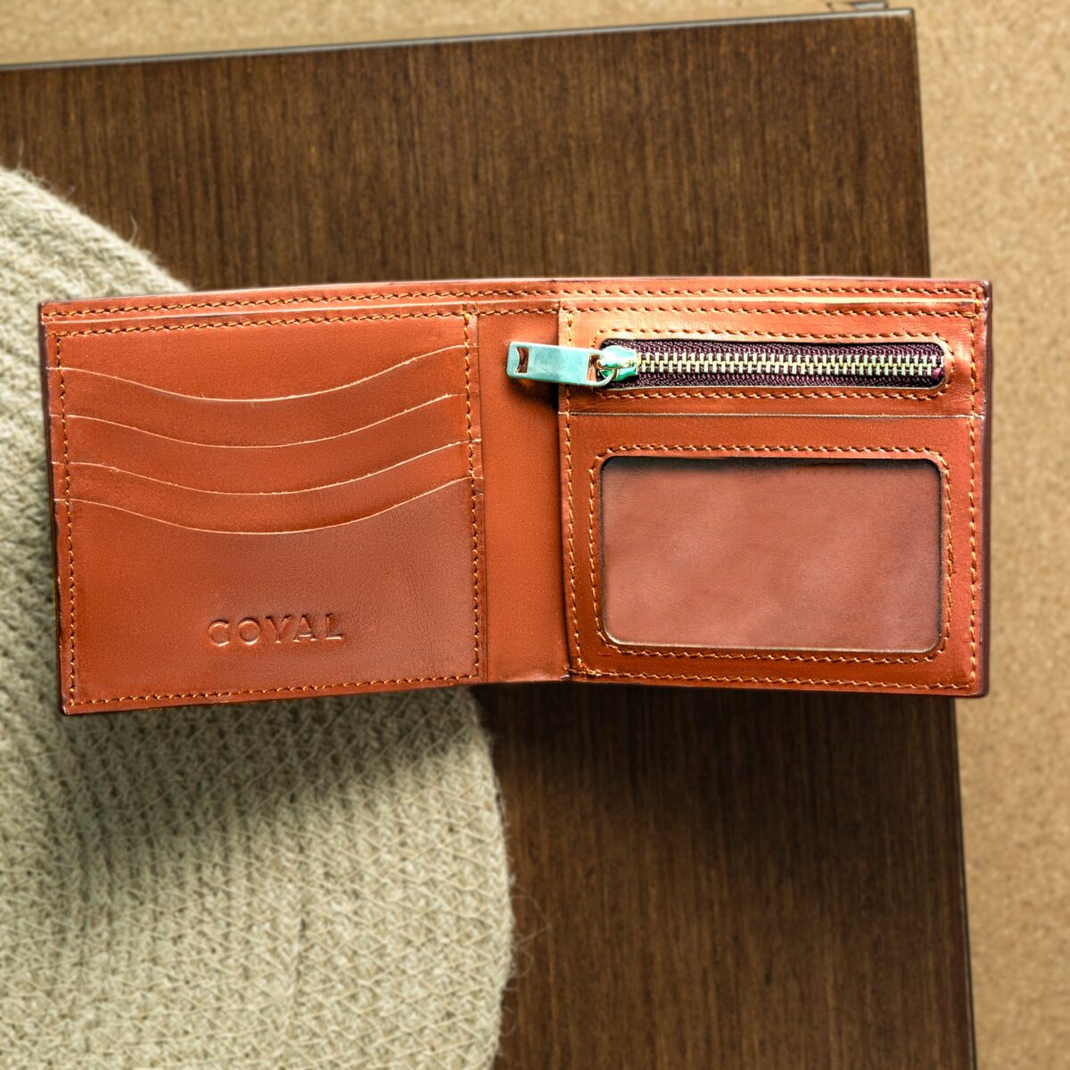 DualTone Modern – Leather Wallet with Zipper & ID Window Camel - Image 3